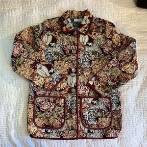 Women’s Blair Cat Tapestry Jacket size M, all-over cat pattern with red trim